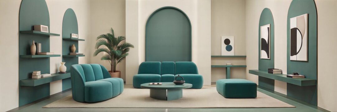 Minimalist, japandi interior design of modern living room. home design with WGSN and Coloro 2026 Colour of the Year Transformative Teal 