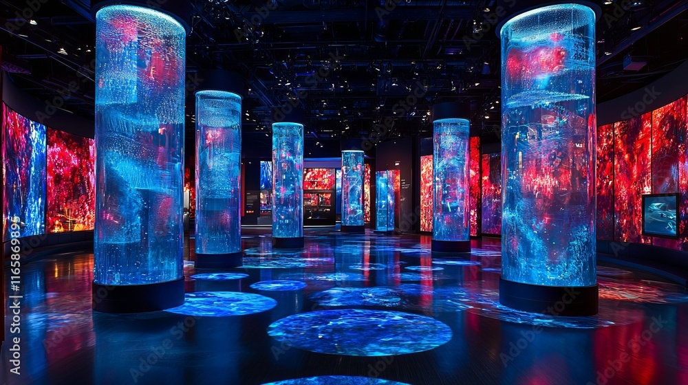 Poster a vibrant art installation featuring illuminated columns and walls, creating an immersive experience