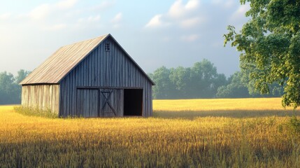 Fototapeta premium Serene Barn in Golden Fields at Sunrise