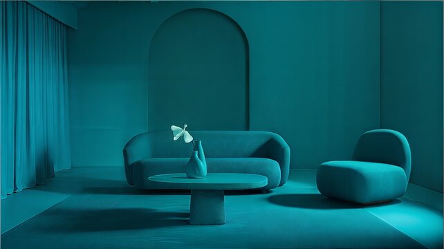 Modern japandi home interior design of living room with sofa apartment in WGSN and Coloro color of the year 2025 Transformative Teal