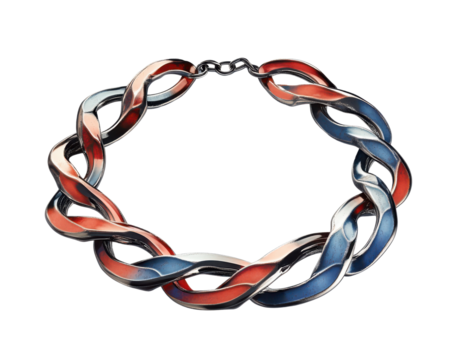 Stylish metallic chain necklace with intertwined links, isolated on a white background.