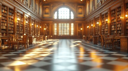 Fototapeta premium Historic Library with Wooden Shelves and Sunlit Checkerboard Floor - Elegant Interior Featuring Grand Architecture, Neoclassical Design, and a Quiet Space for Reading and Study