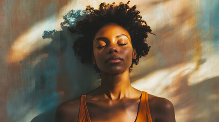 Serene Moments: A young Black woman with natural hair, eyes closed, basks in the warm, golden...