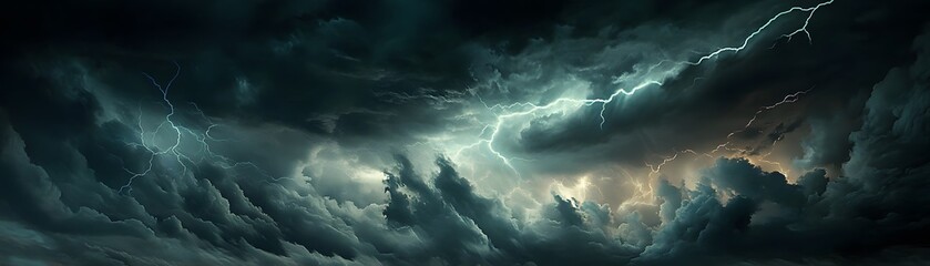 Naklejka premium Dramatic Thunderstorm Clouds with Lightning Bolts