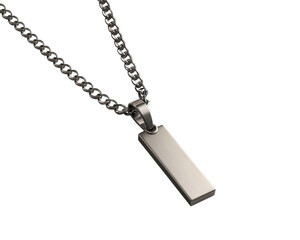 Stylish rectangular pendant necklace on a silver chain, white isolate background.