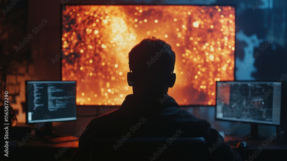 Poster person observing data on multiple computer screens