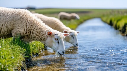 Sheep Drinking from a Clear Stream in Natural Light