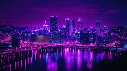Fototapeta premium Neon Purple City Skyline at Night