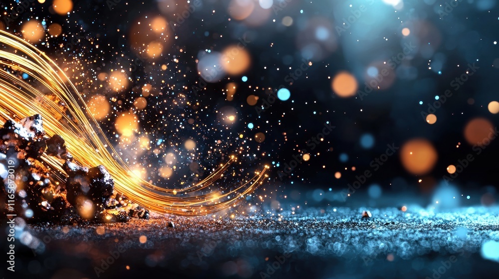 Poster a dynamic blend of shimmering particles and glowing lines creates a captivating visual effect, evoki