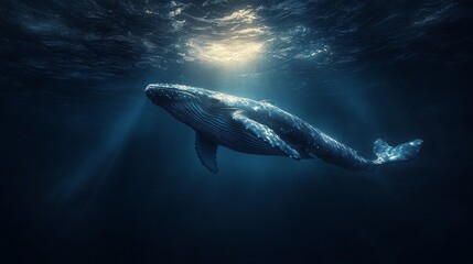 Obraz premium Majestic humpback whale gracefully swimming in deep ocean, sunbeams illuminating it.