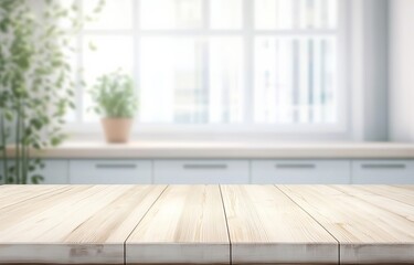 Empty Wooden Table with Blurred Modern Kitchen Background for Product Display