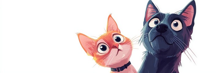 Fototapeta premium Adorable Cartoon of an Orange Cat and Black Dog with Playful Expressions - Whimsical Digital Illustration Celebrating Friendship and Pet Companionship