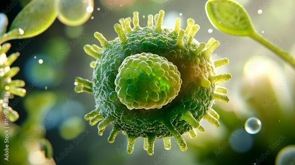 Aufkleber microscopic view of a vibrant green microorganism with intricate structures floating in a fluid envi
