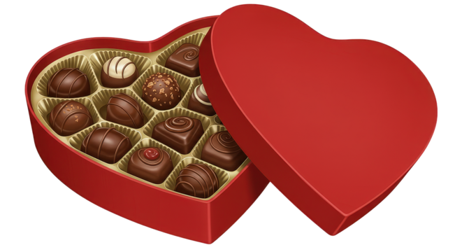 Intricate Assorted Chocolates in Red Heart Box on Clear Background.