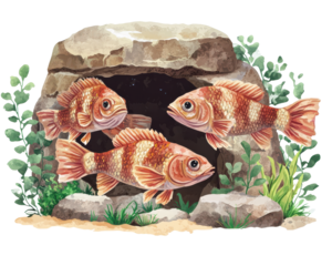 Three colorful fish swimming near a rocky cave surrounded by green plants.