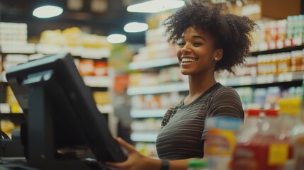 Smiling Cashier at Grocery Checkout Counter