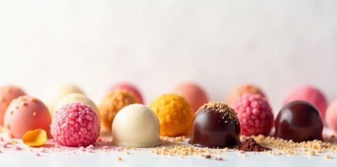 Obraz premium Elegant assortment of gourmet bonbons, pristine white backdrop, treat, milk, closeup
