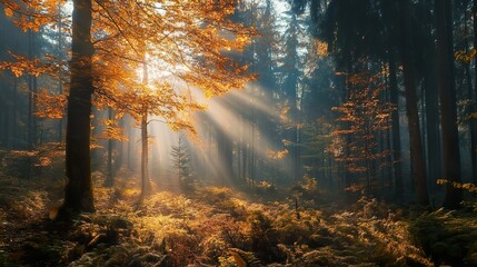 Obraz premium Autumn Forest: Magical Sunlight Through Misty Woods