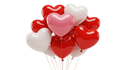 Vibrant Heart-Shaped Balloons in Red, Pink, and White with Reflective Surfaces Isolated.