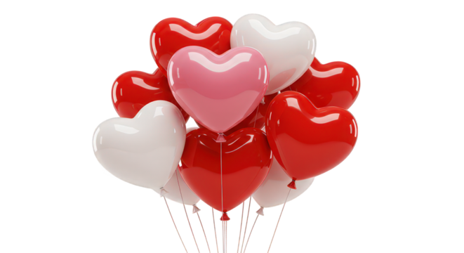 Vibrant Heart-Shaped Balloons in Red, Pink, and White with Reflective Surfaces Isolated. - Powered by Adobe