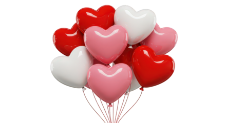 Shiny Heart-Shaped Balloons in Red, Pink, and White with Natural Dangling Strings on Transparent Background.