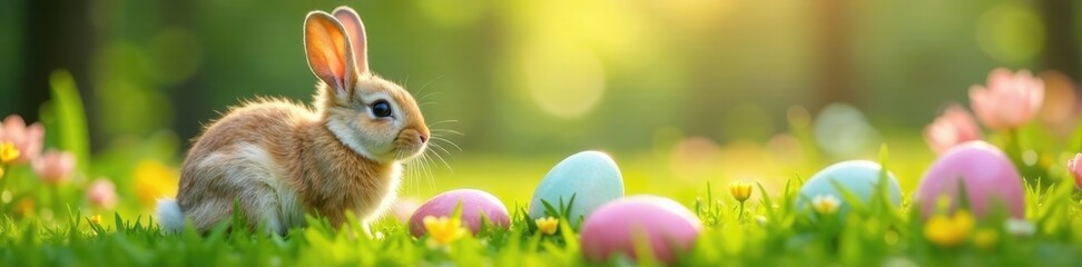 Fototapeta premium Fluffy bunny near colorful eggs nestled in spring grass , Easter eggs, vibrant
