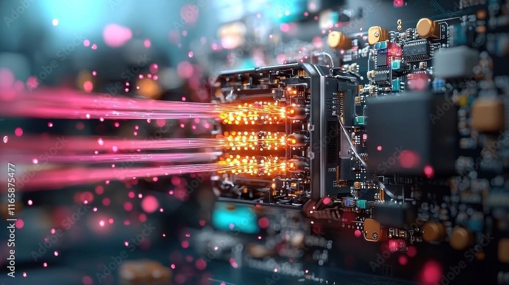 Poster a close-up of a circuit board with glowing components and beams of light, showcasing a futuristic te