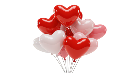 Cluster of Red, Pink, and White Heart-Shaped Balloons with Reflective Surfaces on Transparent Background.
