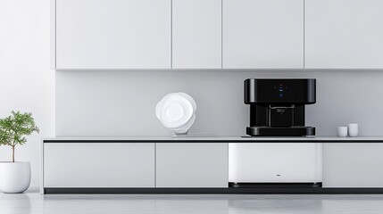 Modern kitchen setup featuring a coffee maker and decorative items.