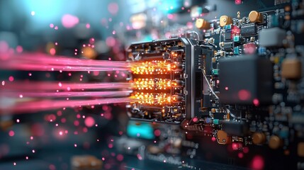 A close-up of a circuit board with glowing components and beams of light, showcasing a futuristic technology theme.