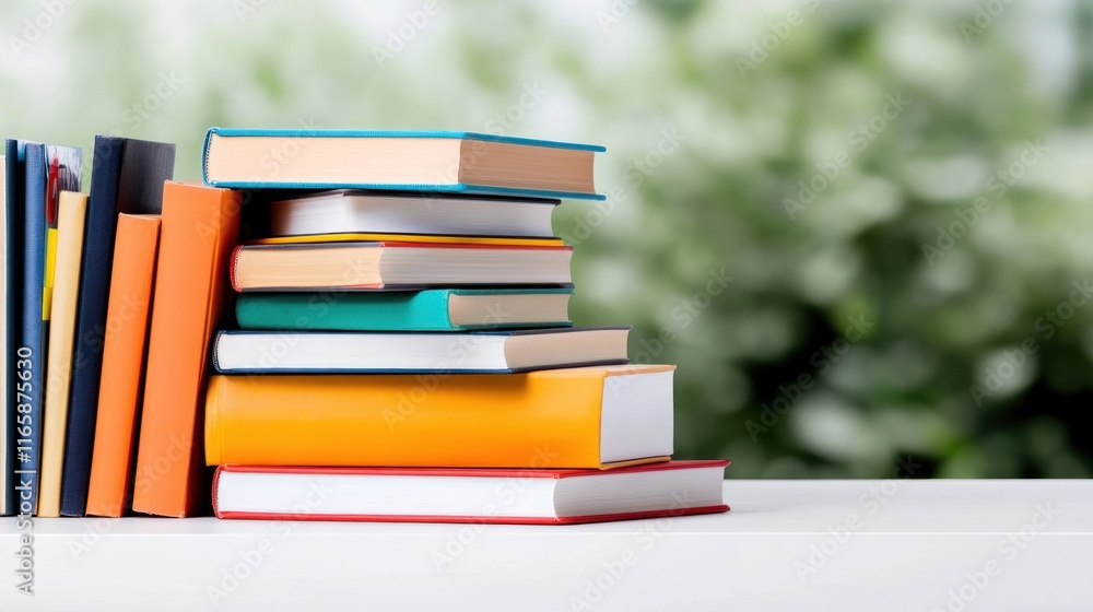 Poster a stack of colorful books on a table with a blurred background.