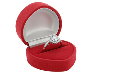 Elegant Diamond Engagement Ring Displayed in Heart-Shaped Box on Transparent Background.