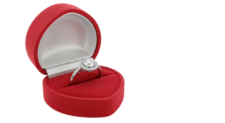 Elegant Diamond Engagement Ring Displayed in Heart-Shaped Box on Transparent Background.