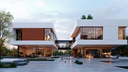 Obraz premium A modern architectural design featuring two connected houses with large windows, surrounded by greenery and a landscaped area.