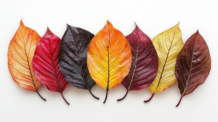 Vibrant Autumn Leaves Arranged in a Colorful Gradient on White Background - Artistic Display Celebrating Seasonal Foliage and Nature's Beauty