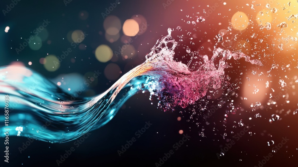 Poster a vibrant splash of water with colorful highlights, creating a dynamic and artistic visual effect ag