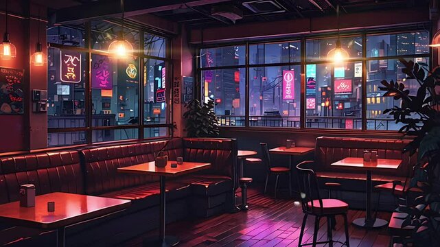 Cyberpunk style coffee shop cafe. Seamless 4K looping timelapse video animation background