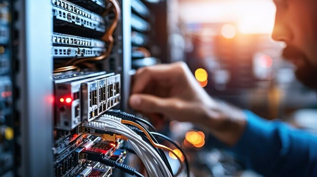 A technician is working on a server rack, connecting cables and ensuring network functionality in a data center environment.