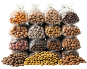 Various bags of colorful pet food pellets on a white isolated background.