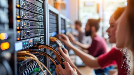 A group of people working on server racks, connecting cables and managing hardware in a modern tech environment.