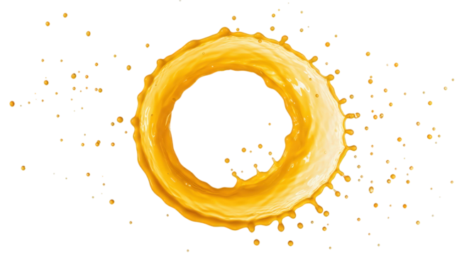 Circular Motion of Orange Juice Splash with Droplets Isolated on Transparent Background.