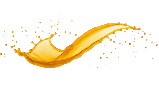 Dynamic Orange Juice Wave Splash with Tiny Droplets on Clear Background.