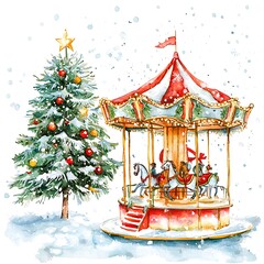 Watercolor painting of a whimsical Christmas carousel with horses and a decorated Christmas tree in a snowy winter scene.