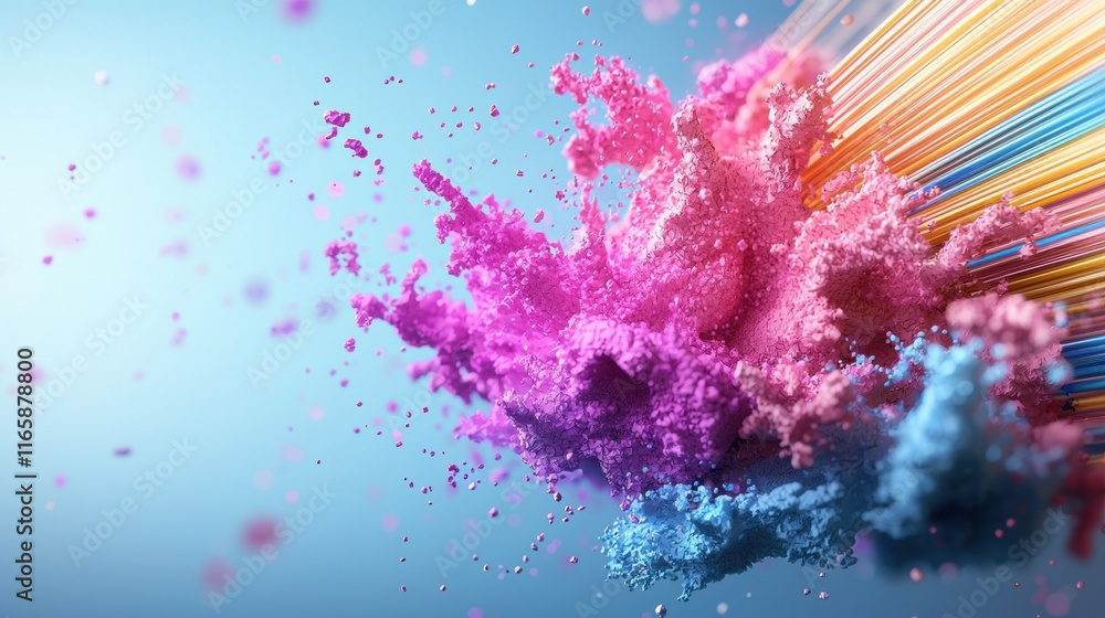 Poster a vibrant explosion of colorful powder particles against a soft gradient background, creating a dyna
