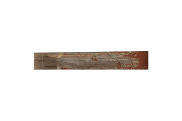 An old wooden board with peeling brown paint is isolated.