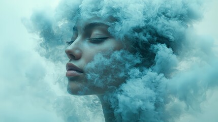 Woman's serene face surrounded by ethereal blue smoke.