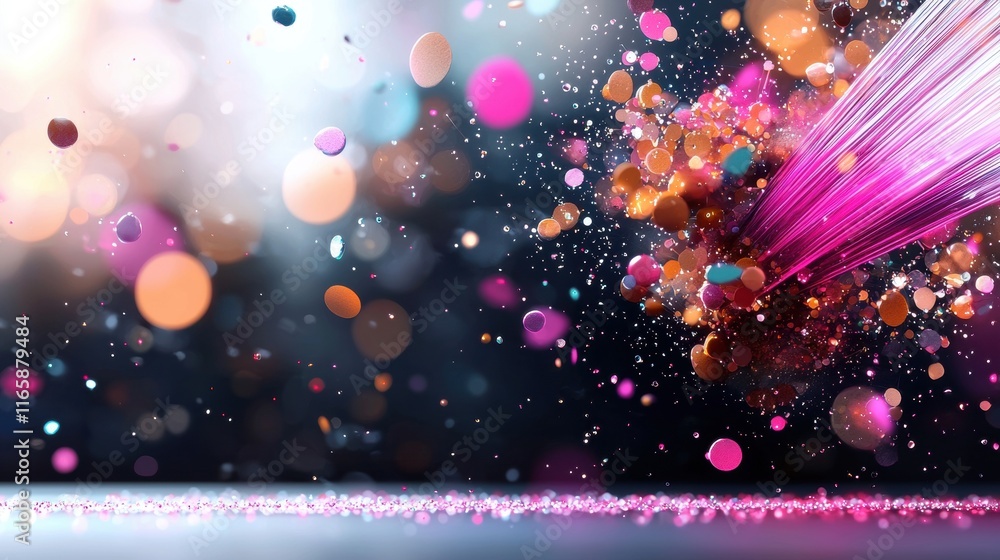 Poster a vibrant explosion of colors and particles, blending pinks, oranges, and blues against a dark backd