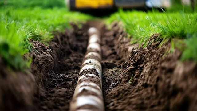 Excavator digging trench installing drainage pipe