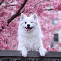 Happy White Dog Spring Flowers Photo