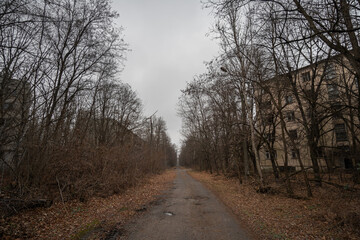 Abandoned street in Prypyat city, Ukraine.